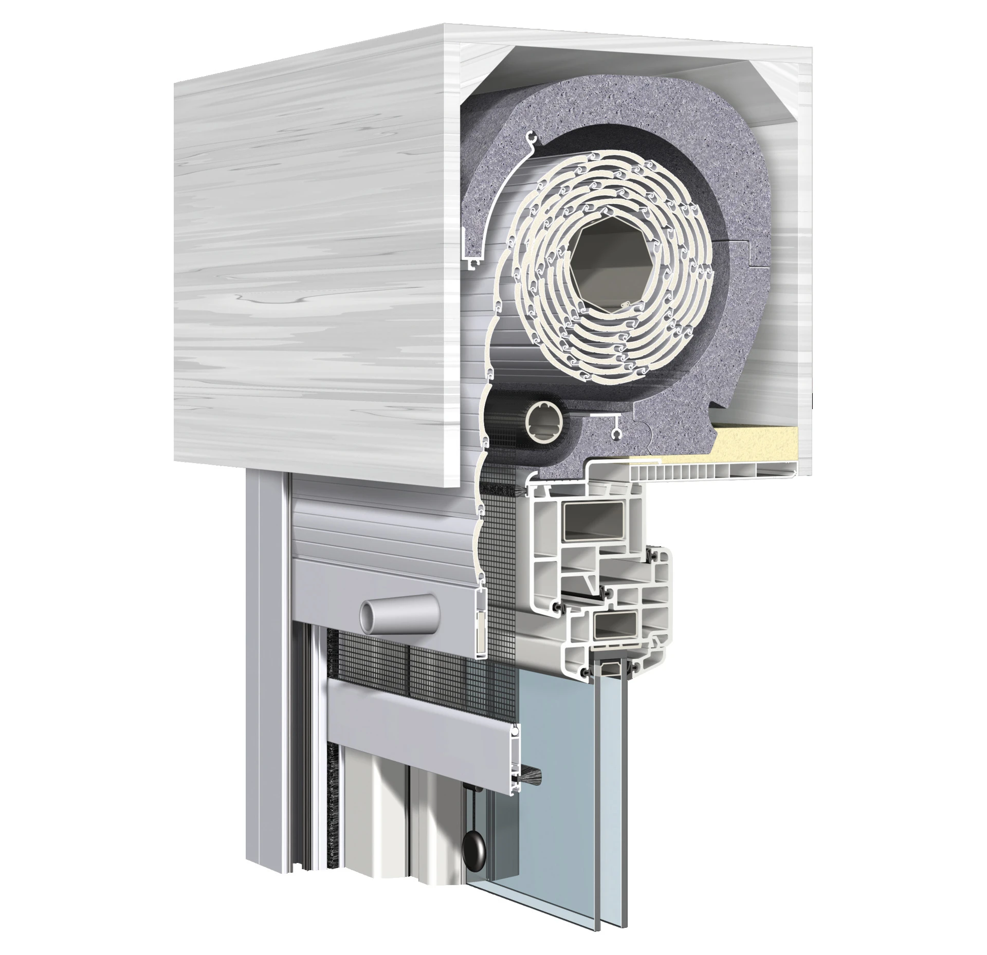 Querschnitt eines modernen Rollladenkastens mit integriertem Insektenschutz